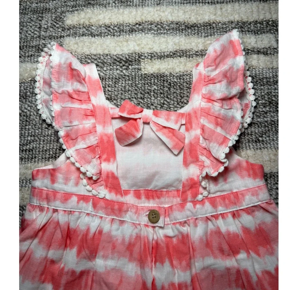 Tommy Bahama Girls 4T Coral Tie Dye Ruffle Pom Pom Bow Back Cotton Sun Dress